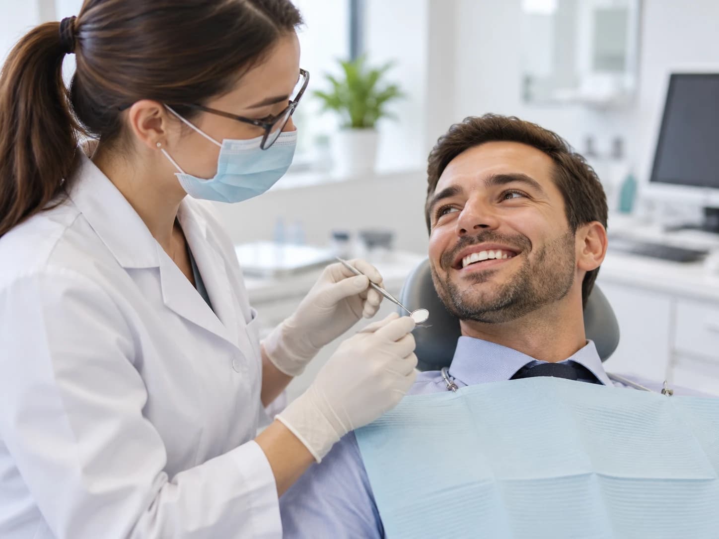 Dentista atendendo um paciente sorridente, fotografia ilustrativa